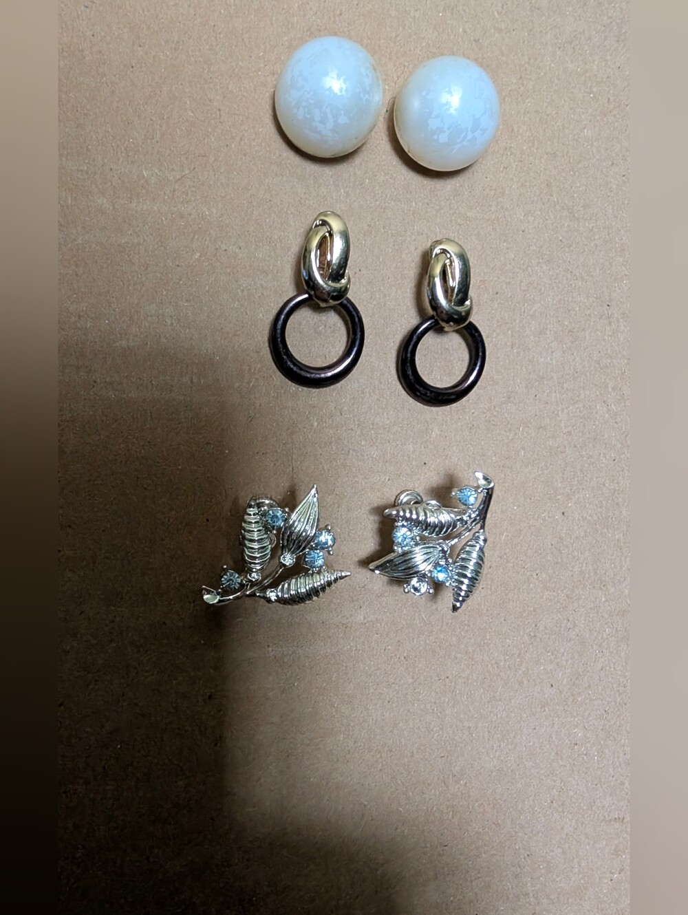 Gold-Tone Leaf Cluster Earrings with Clear Stones Clip On And Screwback